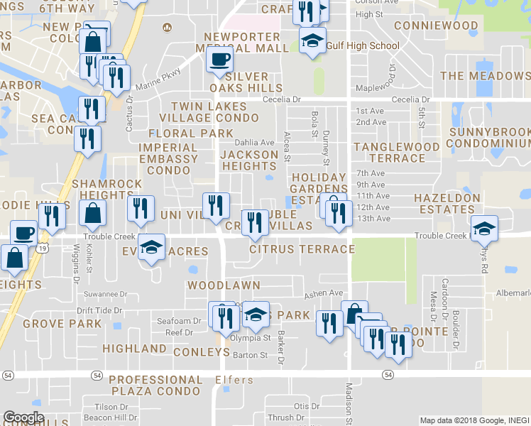 map of restaurants, bars, coffee shops, grocery stores, and more near 4544 Somerset Place in New Port Richey