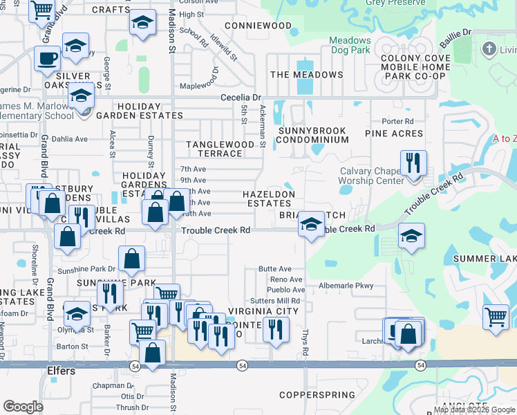 map of restaurants, bars, coffee shops, grocery stores, and more near 4544 Ackerman Street in New Port Richey