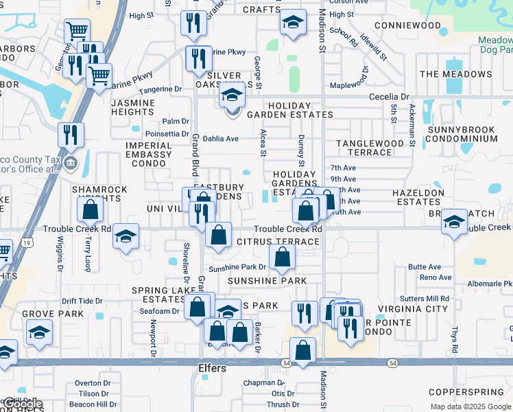 map of restaurants, bars, coffee shops, grocery stores, and more near 4546 Stonehaven Place in New Port Richey