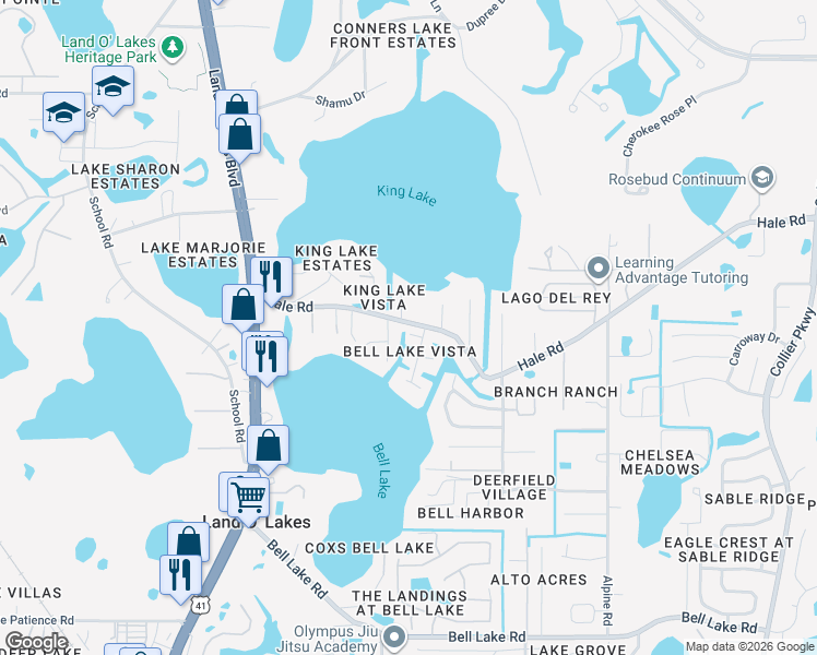 map of restaurants, bars, coffee shops, grocery stores, and more near 4710 Kenny Court in Land O' Lakes