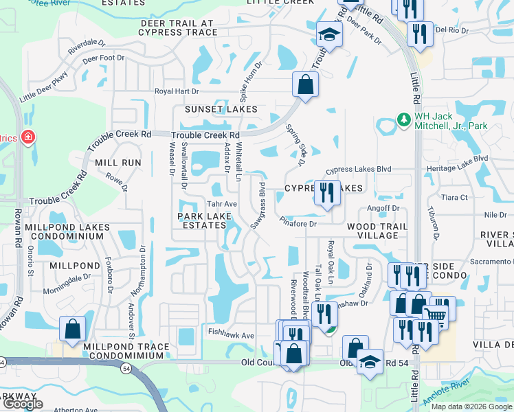 map of restaurants, bars, coffee shops, grocery stores, and more near 4546 Sawgrass Boulevard in New Port Richey