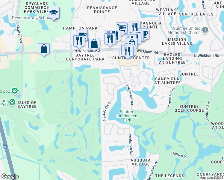 map of restaurants, bars, coffee shops, grocery stores, and more near 358 Crystal Lake Drive in Melbourne
