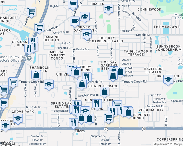 map of restaurants, bars, coffee shops, grocery stores, and more near 4544 Somerset Place in New Port Richey