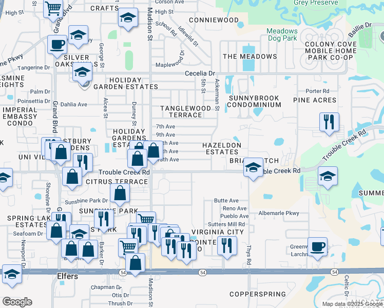 map of restaurants, bars, coffee shops, grocery stores, and more near 6204 12th Avenue in New Port Richey