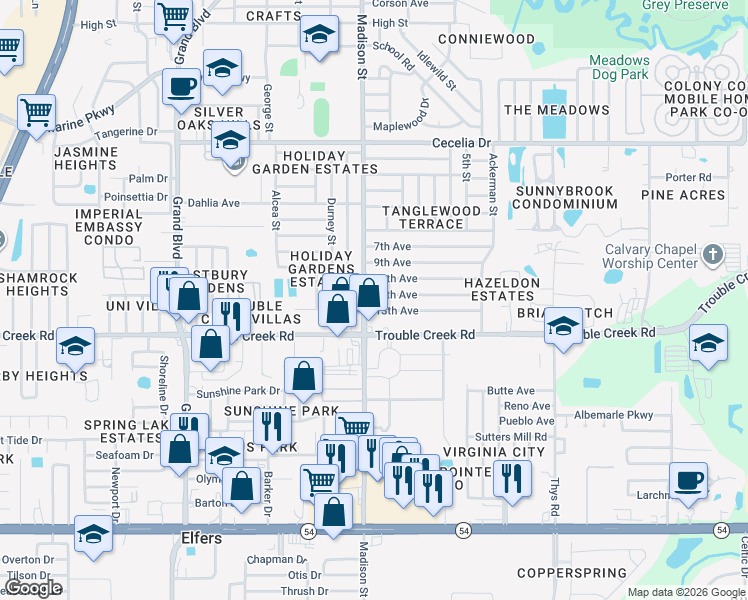 map of restaurants, bars, coffee shops, grocery stores, and more near 6029 13th Avenue in New Port Richey