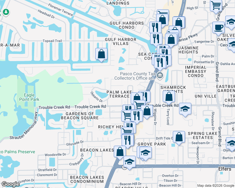 map of restaurants, bars, coffee shops, grocery stores, and more near 4644 Gazania Street in New Port Richey