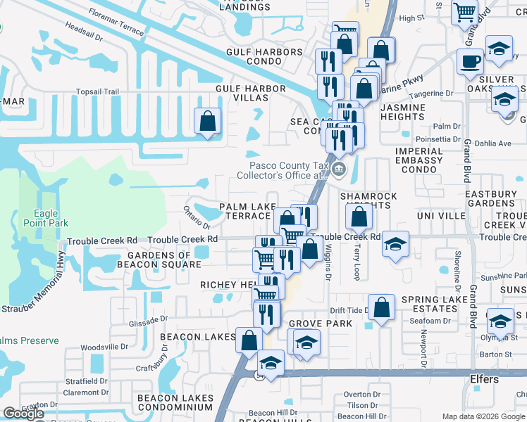map of restaurants, bars, coffee shops, grocery stores, and more near 4553 Irene Loop in New Port Richey