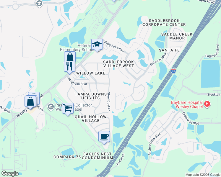 map of restaurants, bars, coffee shops, grocery stores, and more near 4726 Steel Dust Lane in Lutz