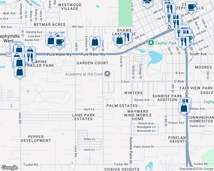 map of restaurants, bars, coffee shops, grocery stores, and more near 4644 Court Street in Zephyrhills