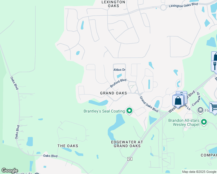 map of restaurants, bars, coffee shops, grocery stores, and more near 25629 Bruford Boulevard in Land O' Lakes