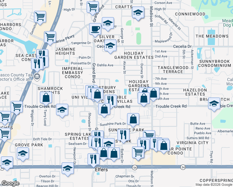 map of restaurants, bars, coffee shops, grocery stores, and more near 4603 Stonehaven Place in New Port Richey