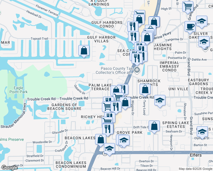 map of restaurants, bars, coffee shops, grocery stores, and more near 4540 Irene Loop in Port Richey