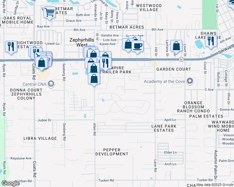 map of restaurants, bars, coffee shops, grocery stores, and more near 4713 Lamar Road in Zephyrhills