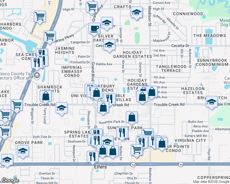 map of restaurants, bars, coffee shops, grocery stores, and more near 4603 Stonehaven Place in New Port Richey