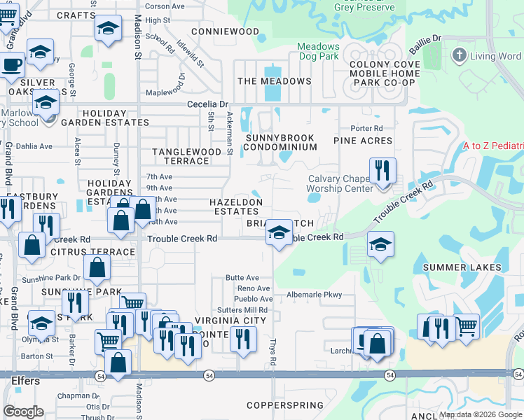map of restaurants, bars, coffee shops, grocery stores, and more near 6424 Remus Drive in New Port Richey