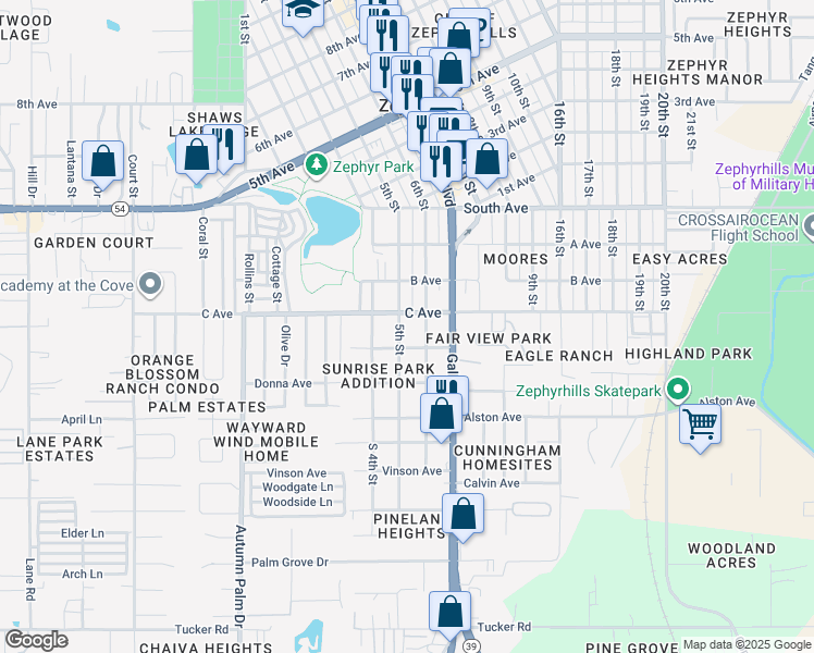 map of restaurants, bars, coffee shops, grocery stores, and more near 4710 5th Street in Zephyrhills