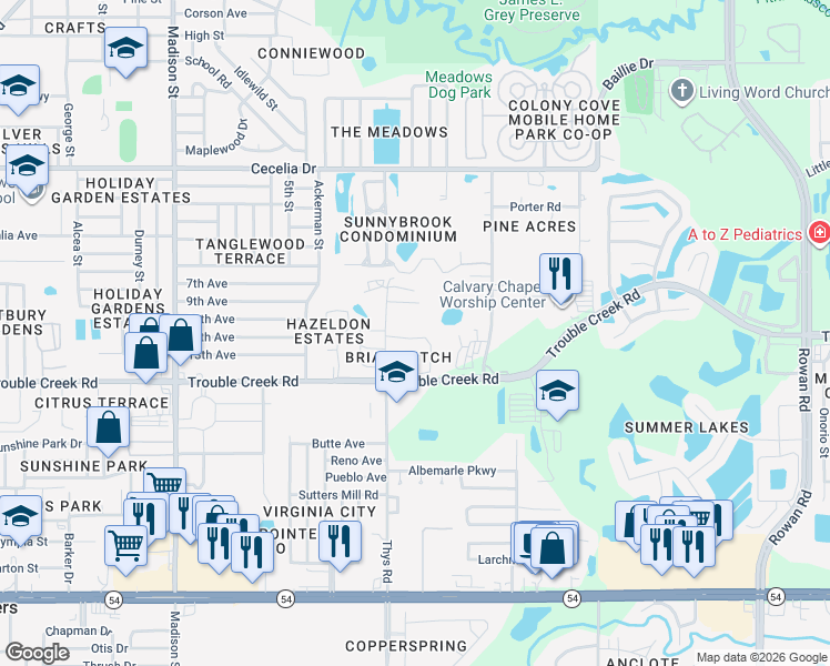 map of restaurants, bars, coffee shops, grocery stores, and more near 6539 Thicket Trail in New Port Richey