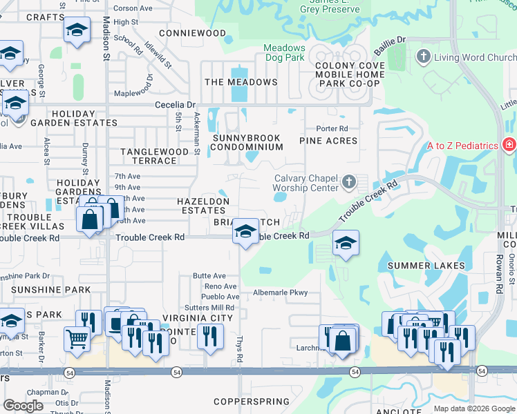 map of restaurants, bars, coffee shops, grocery stores, and more near 6539 Thicket Trail in New Port Richey