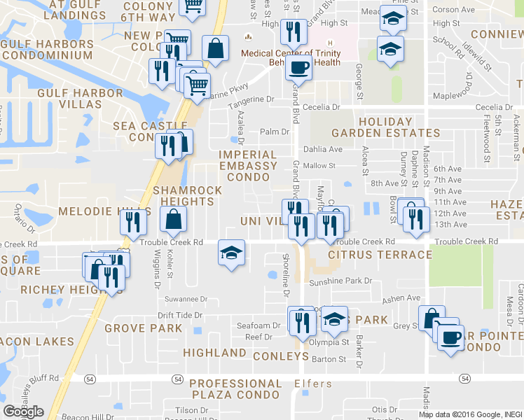 map of restaurants, bars, coffee shops, grocery stores, and more near 5351 Mac Arthur Avenue in New Port Richey