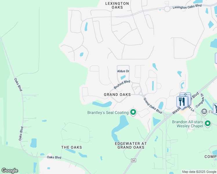 map of restaurants, bars, coffee shops, grocery stores, and more near 25629 Bruford Boulevard in Land O' Lakes