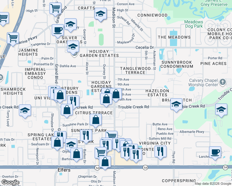 map of restaurants, bars, coffee shops, grocery stores, and more near 6029 13th Avenue in New Port Richey