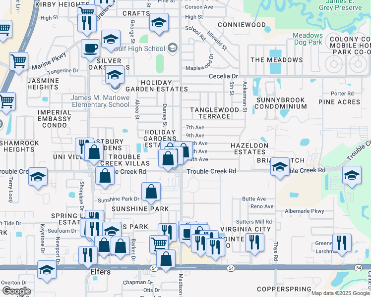map of restaurants, bars, coffee shops, grocery stores, and more near 6013 12th Avenue in New Port Richey