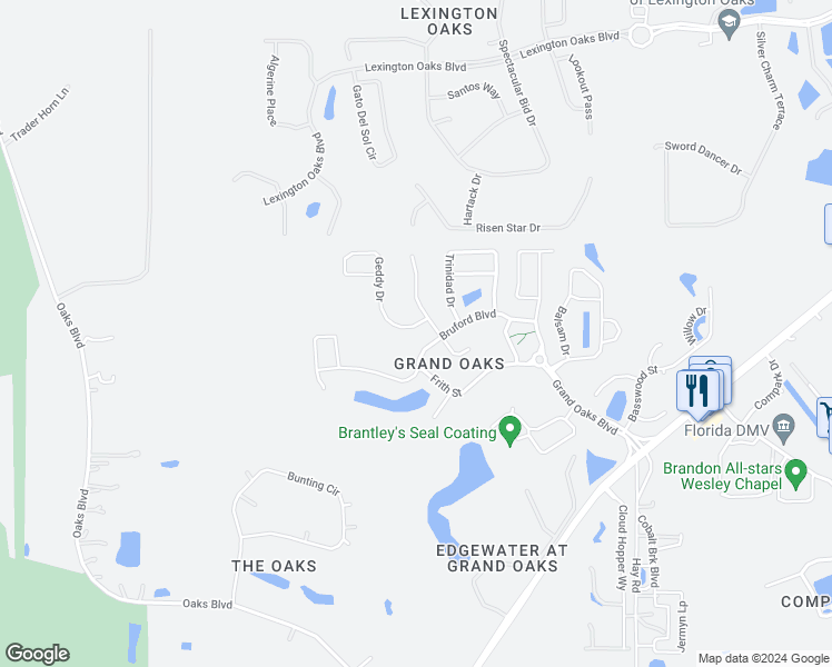 map of restaurants, bars, coffee shops, grocery stores, and more near 25456 Geddy Drive in Pasco County