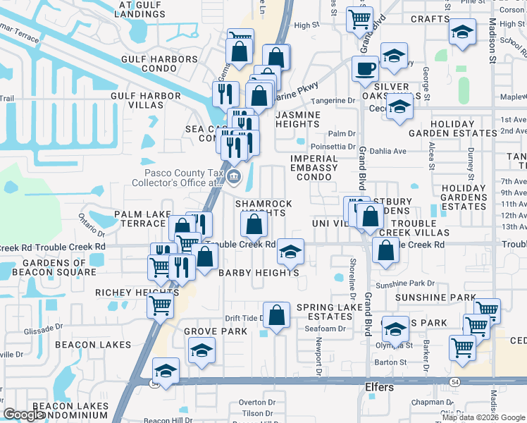 map of restaurants, bars, coffee shops, grocery stores, and more near 4542 Belfast Drive in New Port Richey