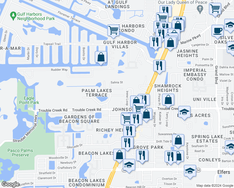 map of restaurants, bars, coffee shops, grocery stores, and more near 4645 Gazania Street in New Port Richey