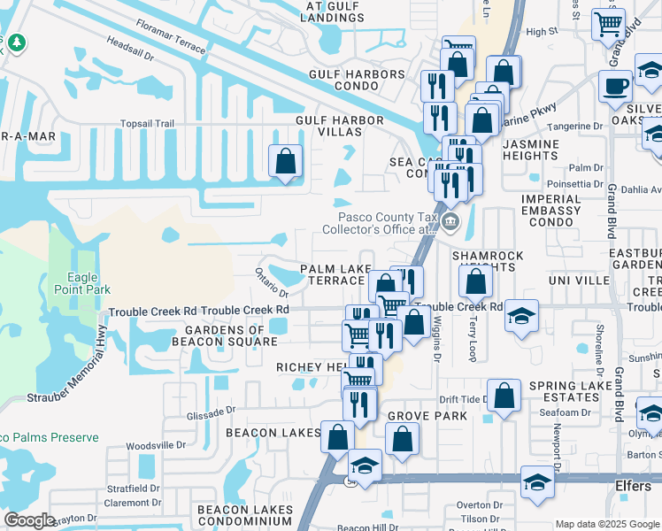 map of restaurants, bars, coffee shops, grocery stores, and more near 4645 Gazania Street in New Port Richey
