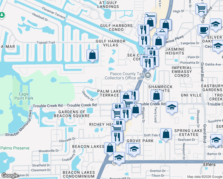 map of restaurants, bars, coffee shops, grocery stores, and more near 4644 Gazania Street in Port Richey
