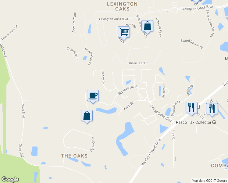 map of restaurants, bars, coffee shops, grocery stores, and more near 25500 Geddy Drive in Pasco County