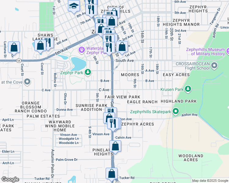 map of restaurants, bars, coffee shops, grocery stores, and more near 4724 Gall Boulevard in Zephyrhills