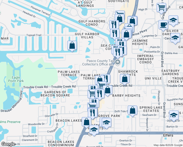 map of restaurants, bars, coffee shops, grocery stores, and more near 4540 Irene Loop in Port Richey