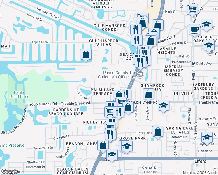 map of restaurants, bars, coffee shops, grocery stores, and more near 4540 Irene Loop in Port Richey