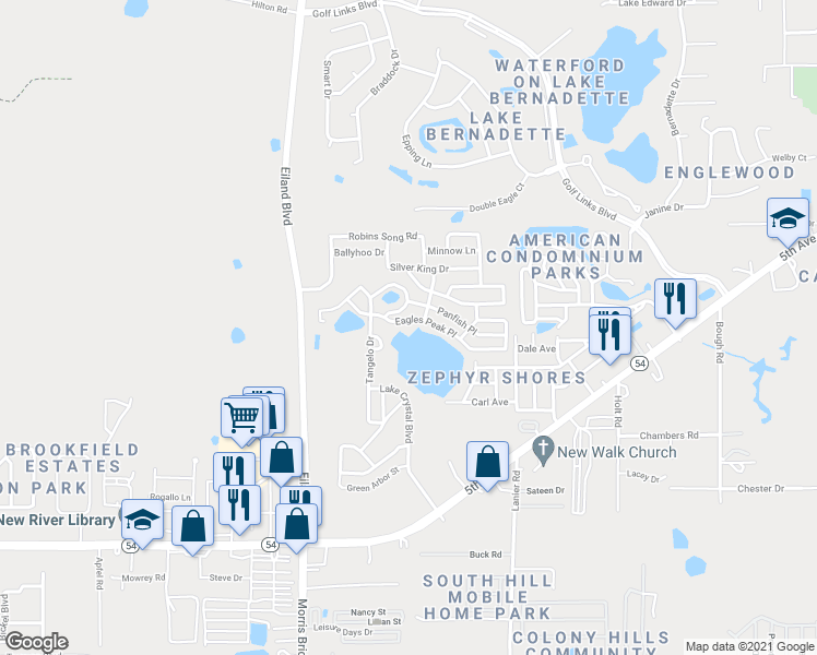 map of restaurants, bars, coffee shops, grocery stores, and more near 34750 Eagles Peak Place in Zephyrhills