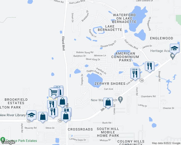 map of restaurants, bars, coffee shops, grocery stores, and more near 34750 Eagles Peak Place in Zephyrhills