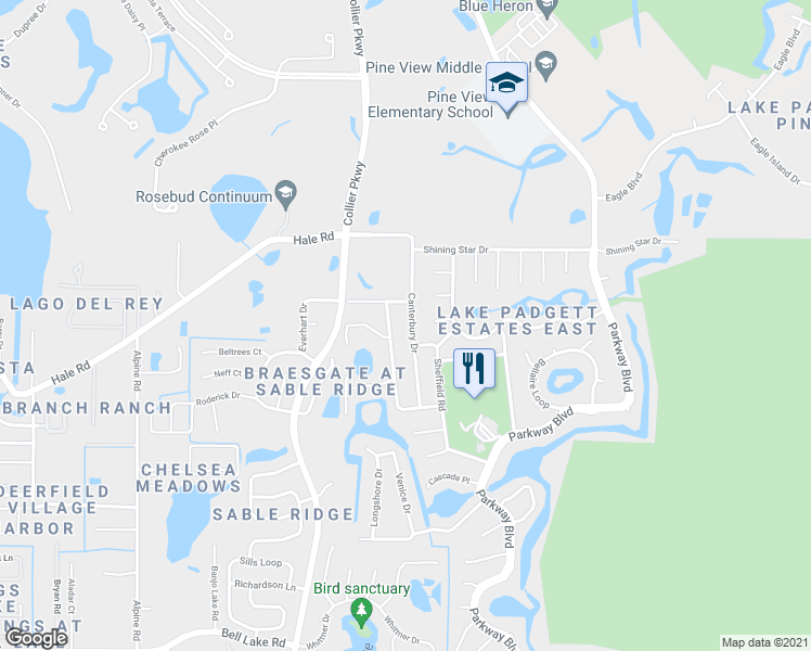map of restaurants, bars, coffee shops, grocery stores, and more near 4755 Canterbury Drive in Land O' Lakes