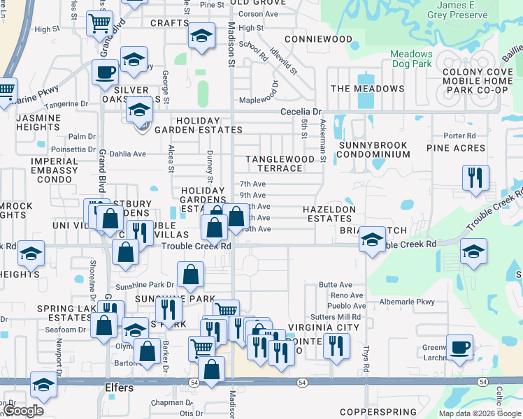map of restaurants, bars, coffee shops, grocery stores, and more near 6104 11th Avenue in New Port Richey