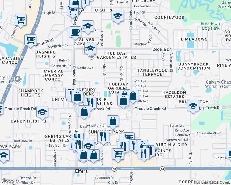 map of restaurants, bars, coffee shops, grocery stores, and more near 5839 10th Avenue in Port Richey