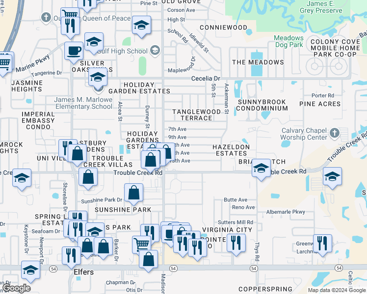 map of restaurants, bars, coffee shops, grocery stores, and more near 6104 11th Avenue in New Port Richey