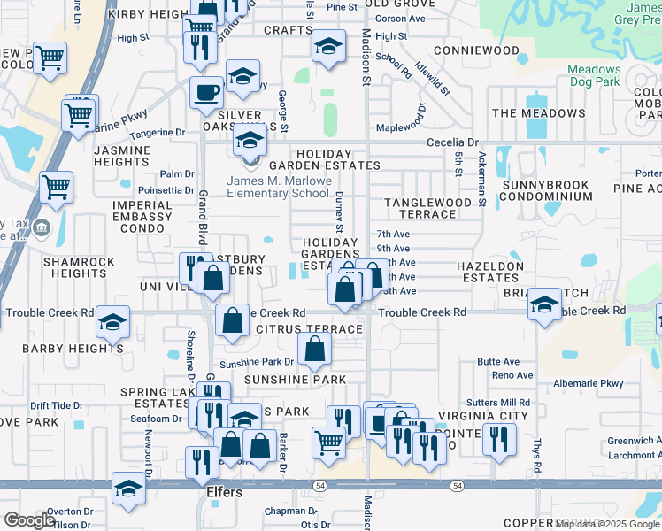 map of restaurants, bars, coffee shops, grocery stores, and more near 4620 Bowl Street in New Port Richey