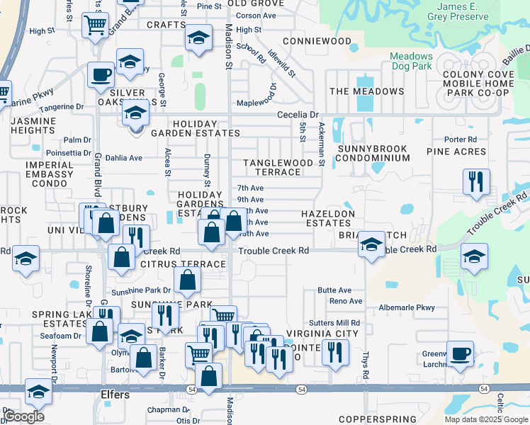 map of restaurants, bars, coffee shops, grocery stores, and more near 6116 11th Avenue in New Port Richey