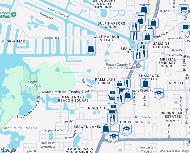 map of restaurants, bars, coffee shops, grocery stores, and more near 4553 Edith Street in New Port Richey