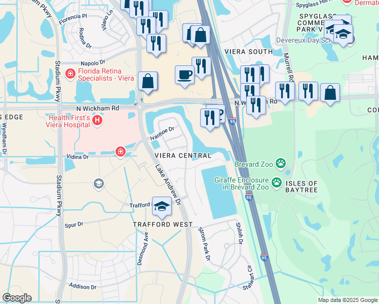 map of restaurants, bars, coffee shops, grocery stores, and more near 560 Wickham Lakes Drive in Melbourne