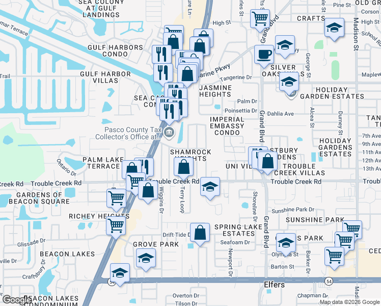 map of restaurants, bars, coffee shops, grocery stores, and more near 4648 Belfast Drive in New Port Richey