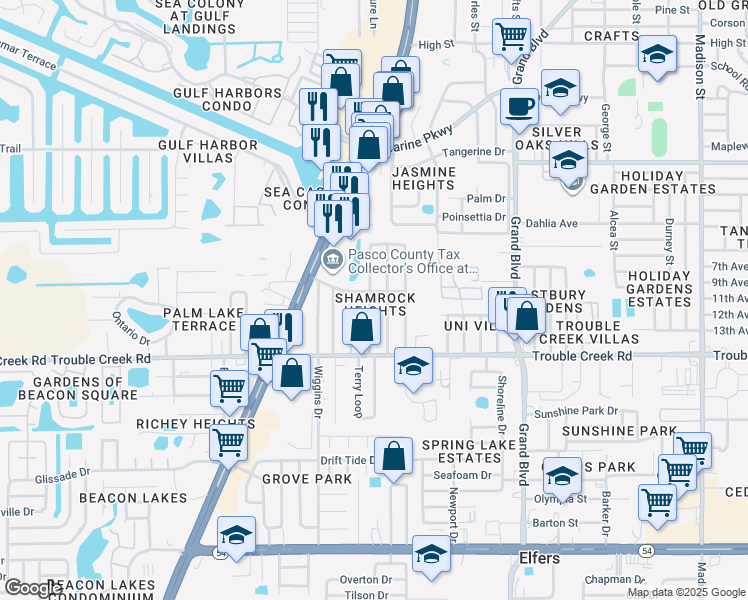 map of restaurants, bars, coffee shops, grocery stores, and more near 4648 Belfast Drive in New Port Richey