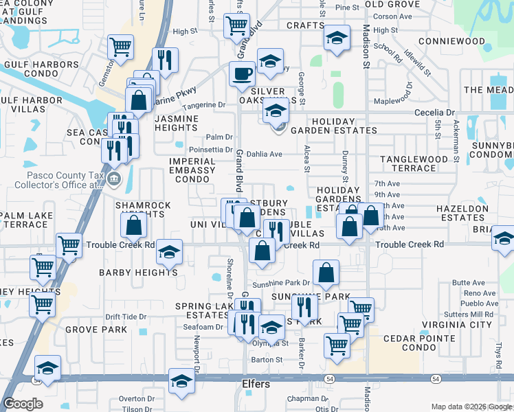 map of restaurants, bars, coffee shops, grocery stores, and more near 4647 Mayflower Drive in Port Richey