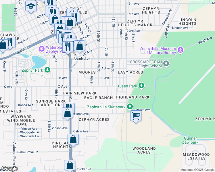 map of restaurants, bars, coffee shops, grocery stores, and more near 4748 17th Street in Zephyrhills