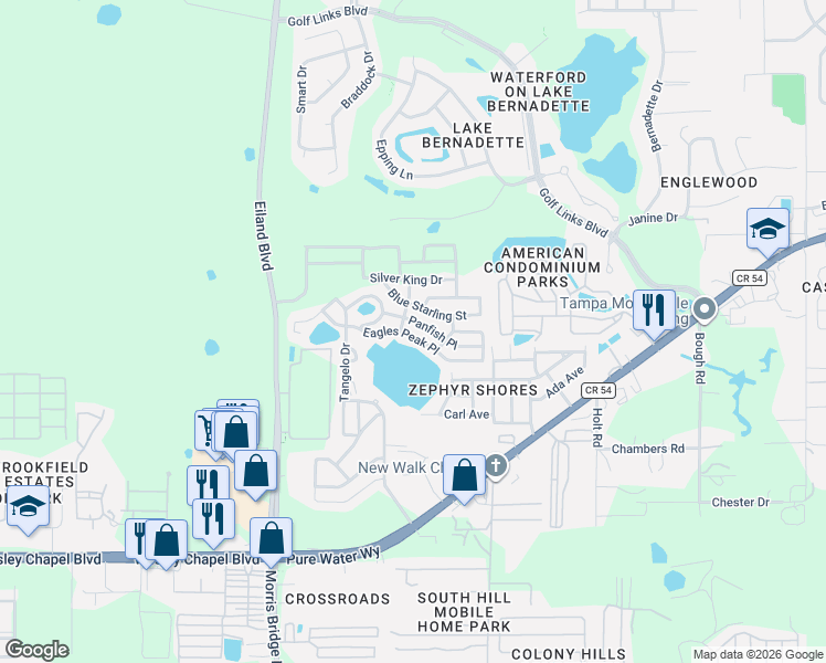 map of restaurants, bars, coffee shops, grocery stores, and more near 34825 Panfish Place in Zephyrhills